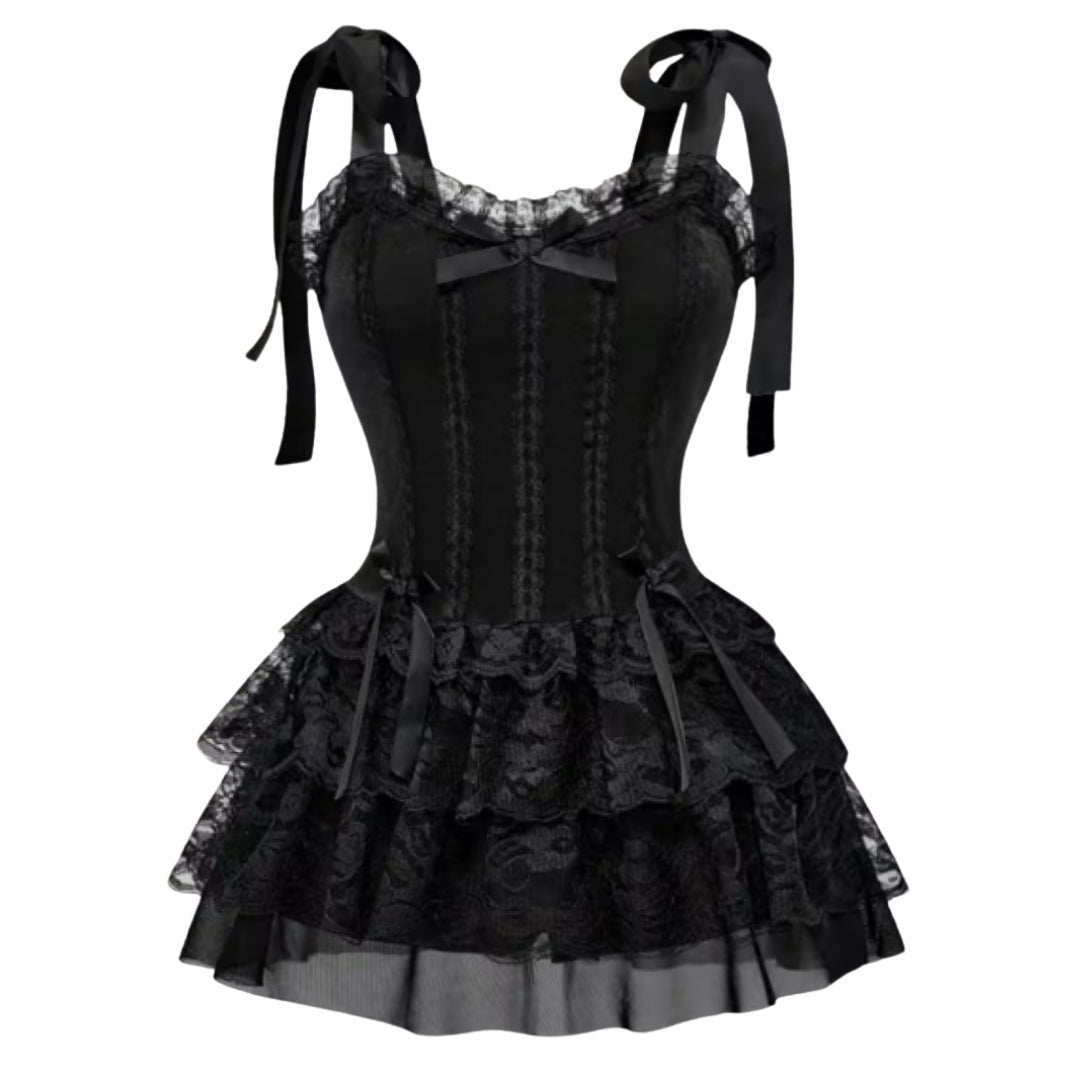 Feestjurk met Korset Kant Gelaagd Victoriaans Dames Zwart Gothic Stijl Fotoshoot Vintage Korsettaille | Sulvida