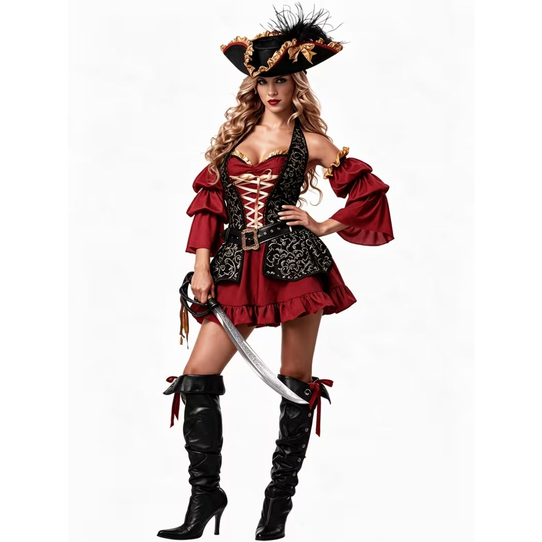 Dames Kapiteinskostuum Korte Jurk Zwart Rood Cosplay Verkleedoutfit Piratenfeest Halloween Carnaval Feest | Sulvida
