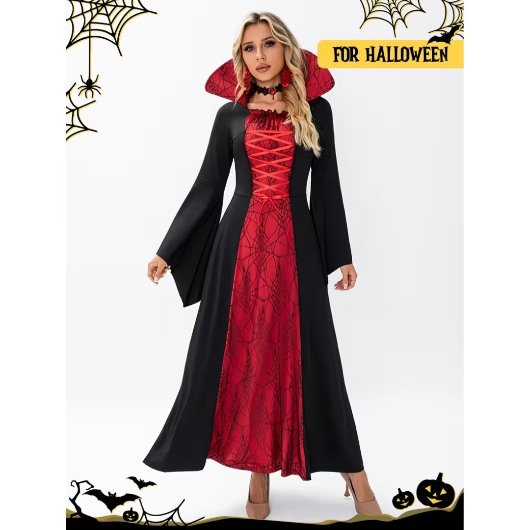 Gotische Vampierjurk Dames met Hoge Kraag en Vetersluiting - Elegant Feestkostuum voor Halloween en Themafeesten | Sulvida