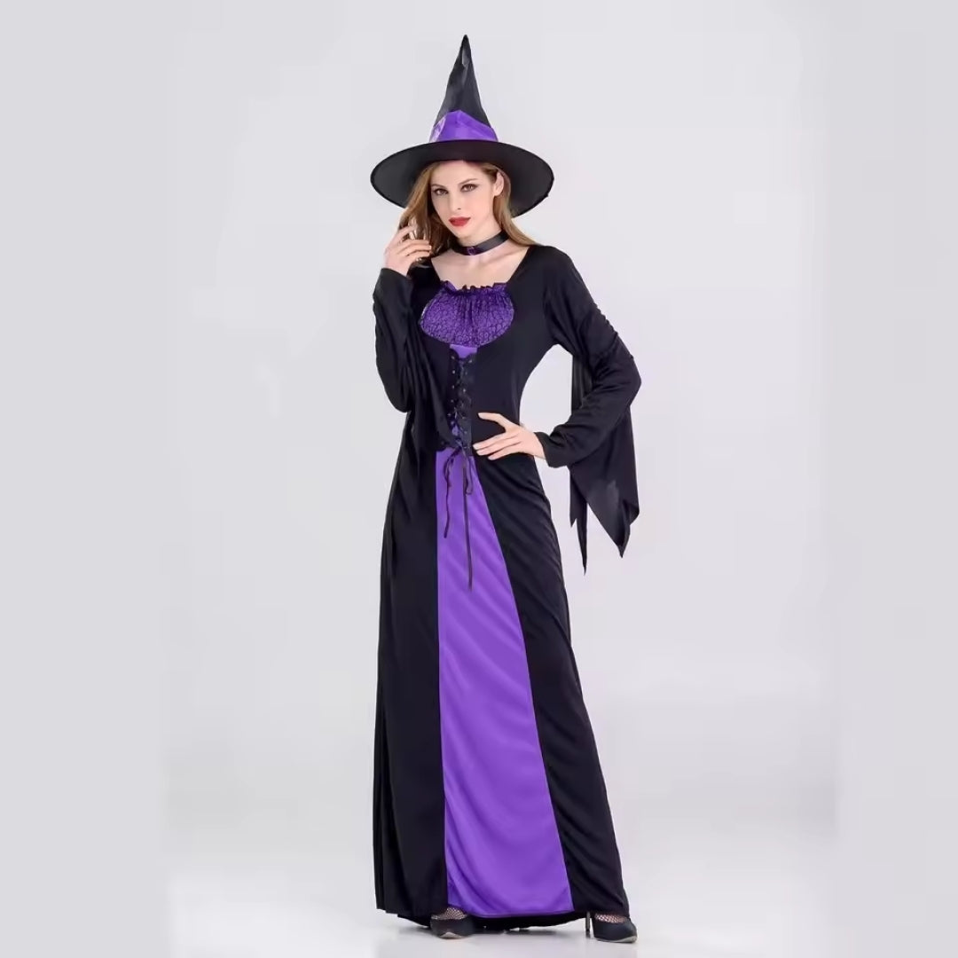 Gothic heksenkostuum met lange mouwen spitse hoed zwart paars vrouwen Halloween feestkleding carnaval | Sulvida