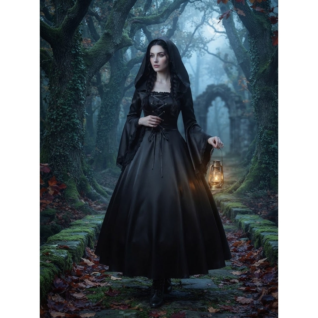 Heksenjurk Middeleeuws met Kap Zwart Paars Rood Dames Lange Gothic Cosplay Verkleedjurk Halloween Feest | Sulvida