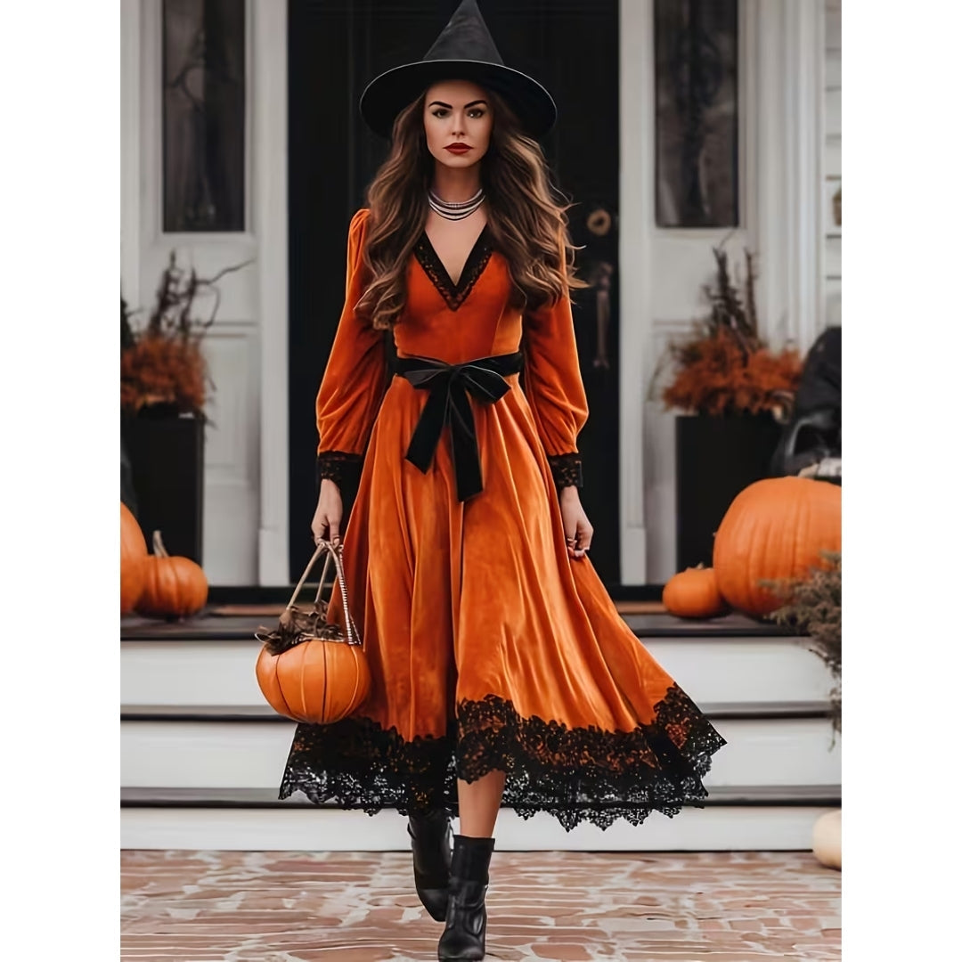 Gotische Jurk met Kanten Details en Veteraccent Zwart Oranje Themafeest Herfst Halloween Costume Party Outfit | Sulvida
