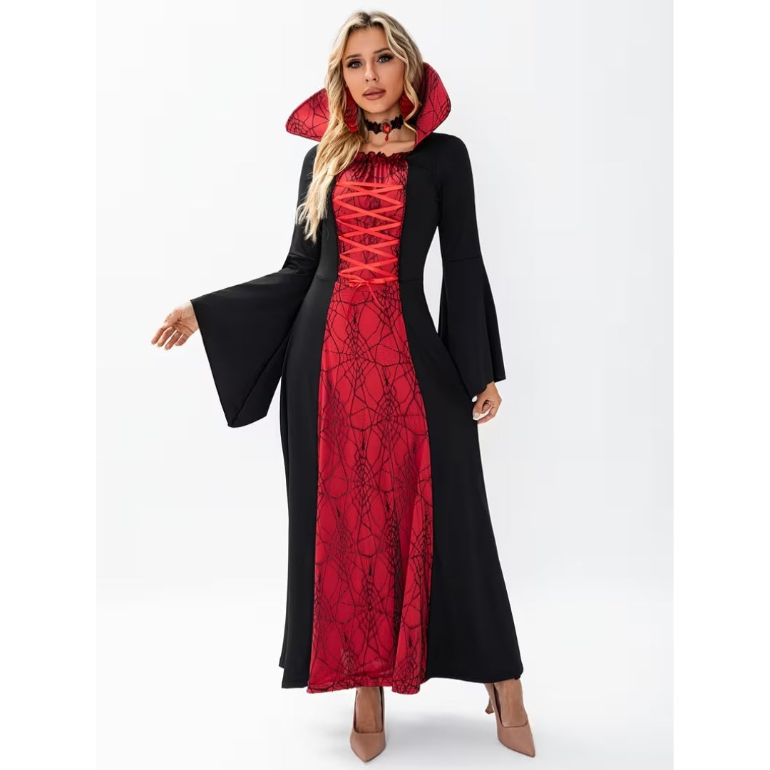 Gotische Vampierjurk Dames met Hoge Kraag en Vetersluiting - Elegant Feestkostuum voor Halloween en Themafeesten | Sulvida