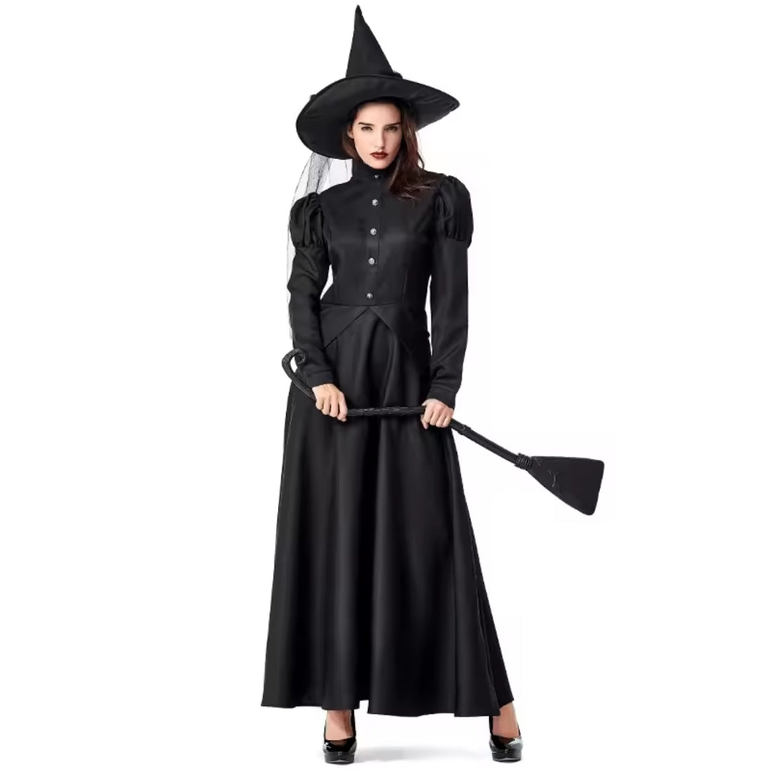 Zwarte Heksenjurk Halloween Verkleedkostuum Lang Feestkleding Volwassenen Kinderen Themafeest Carnaval | Sulvida