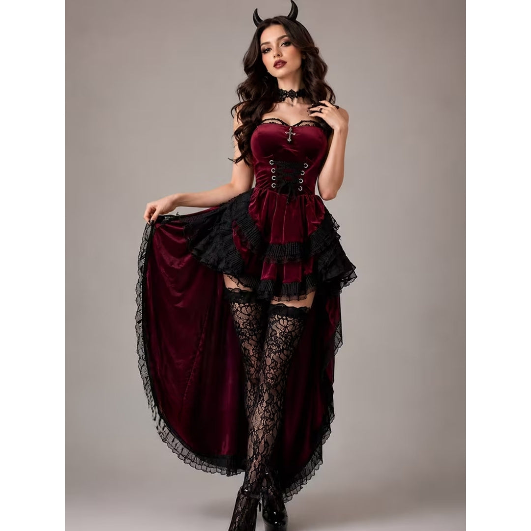Gotische Duivelkostuum Dames Bordeauxrood 4-delig Vampier Verkleedset Halloween Fantasy Outfit Carnaval | Sulvida