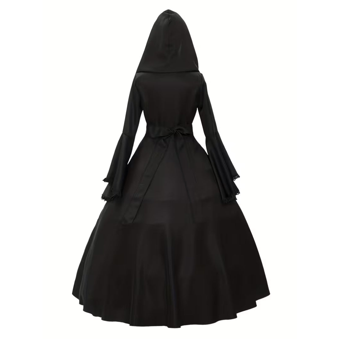 Heksenjurk Middeleeuws met Kap Zwart Paars Rood Dames Lange Gothic Cosplay Verkleedjurk Halloween Feest | Sulvida
