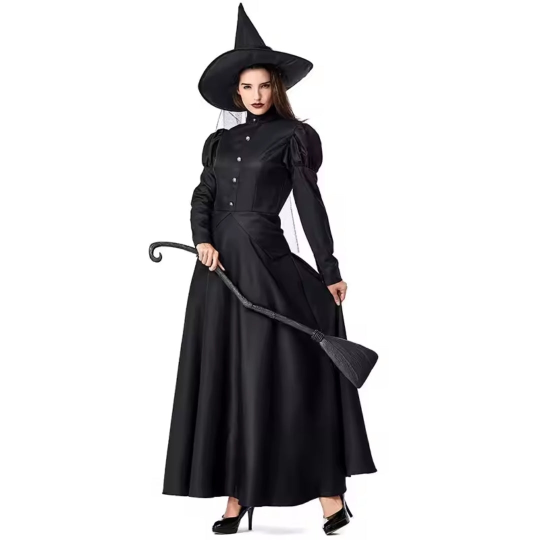Zwarte Heksenjurk Halloween Verkleedkostuum Lang Feestkleding Volwassenen Kinderen Themafeest Carnaval | Sulvida