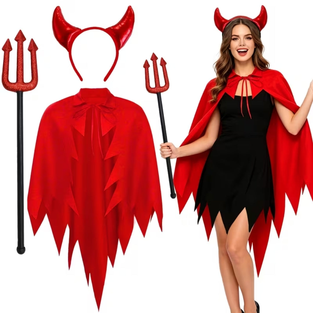 Duivels Feestkostuum 3-Delig met Cape Hoorns Drietand Dames Halloween Carnaval Cosplay Verkleedoutfit Rood | Sulvida
