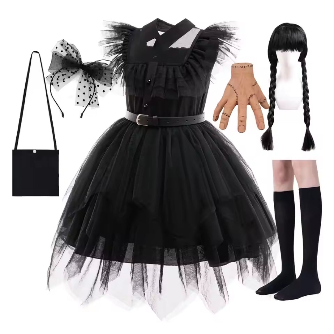 Gothic Feestjurk voor Kinderen met Riem Zwarte Verkleedjurk Cosplay Halloween Carnaval Kostuum Meidenoutfit | Sulvida