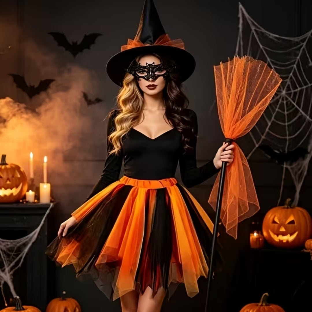 Heksenkostuum Dames Compleet met Tulle Rok Hoed Accessoires Halloween Themafeest Verkleedkleding Carnaval | Sulvida