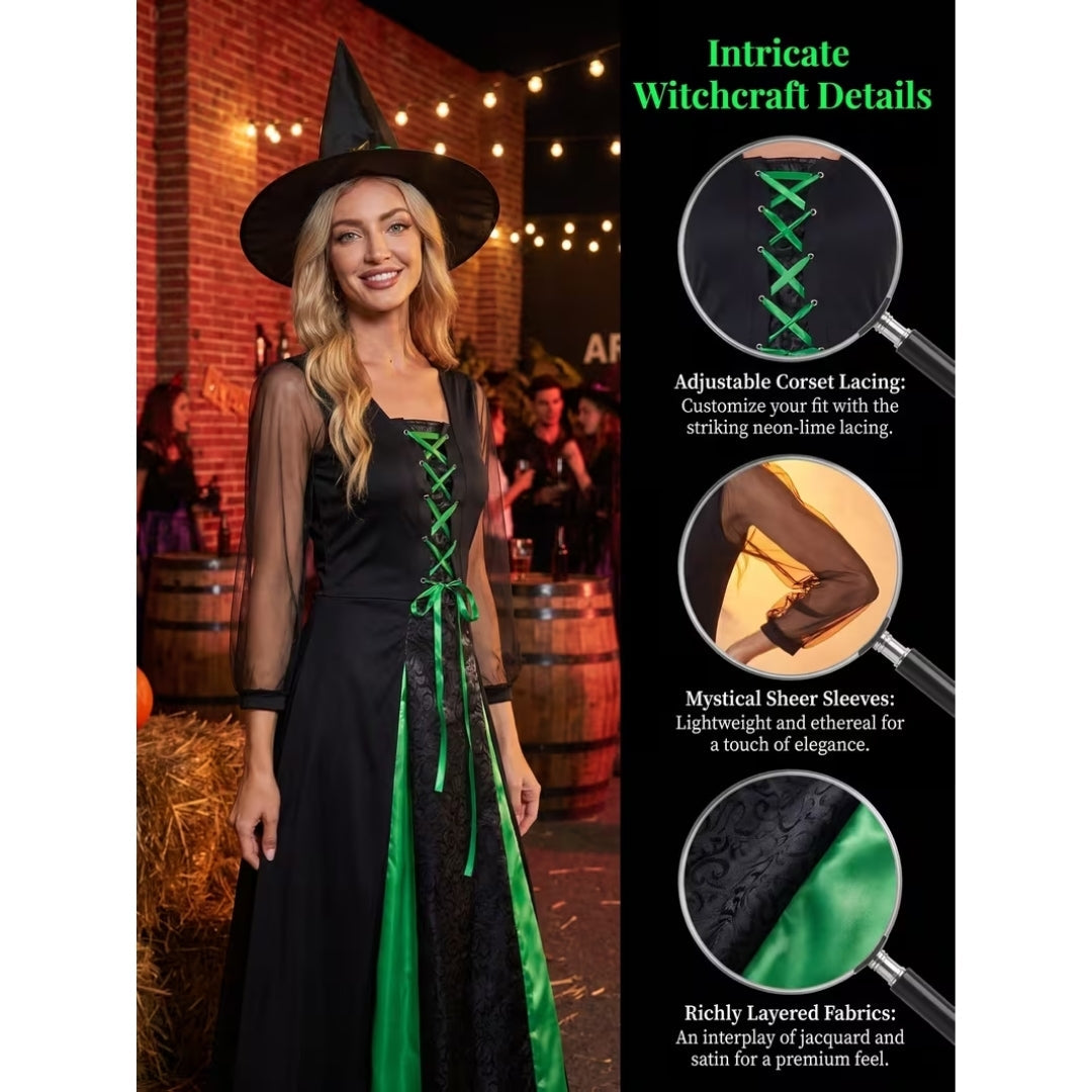 Middeleeuwse Heksenjurk met Punthoed Dames Verkleedkostuum Fantasy Carnaval Cosplay Halloween Feest Outfit | Sulvida