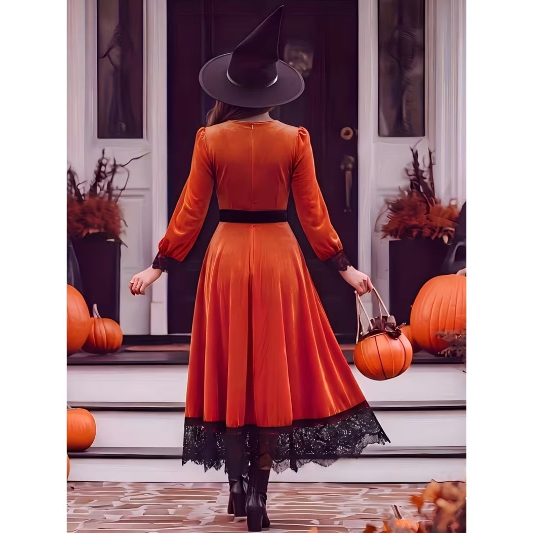Gotische Jurk met Kanten Details en Veteraccent Zwart Oranje Themafeest Herfst Halloween Costume Party Outfit | Sulvida