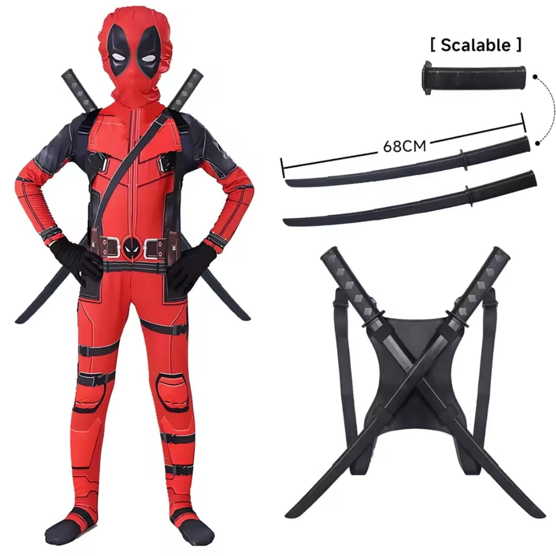 Superhelden Verkleedkostuum Kind met Zwaarden Compleet Rood Zwart Jumpsuit Cosplay Carnaval Halloween | Sulvida
