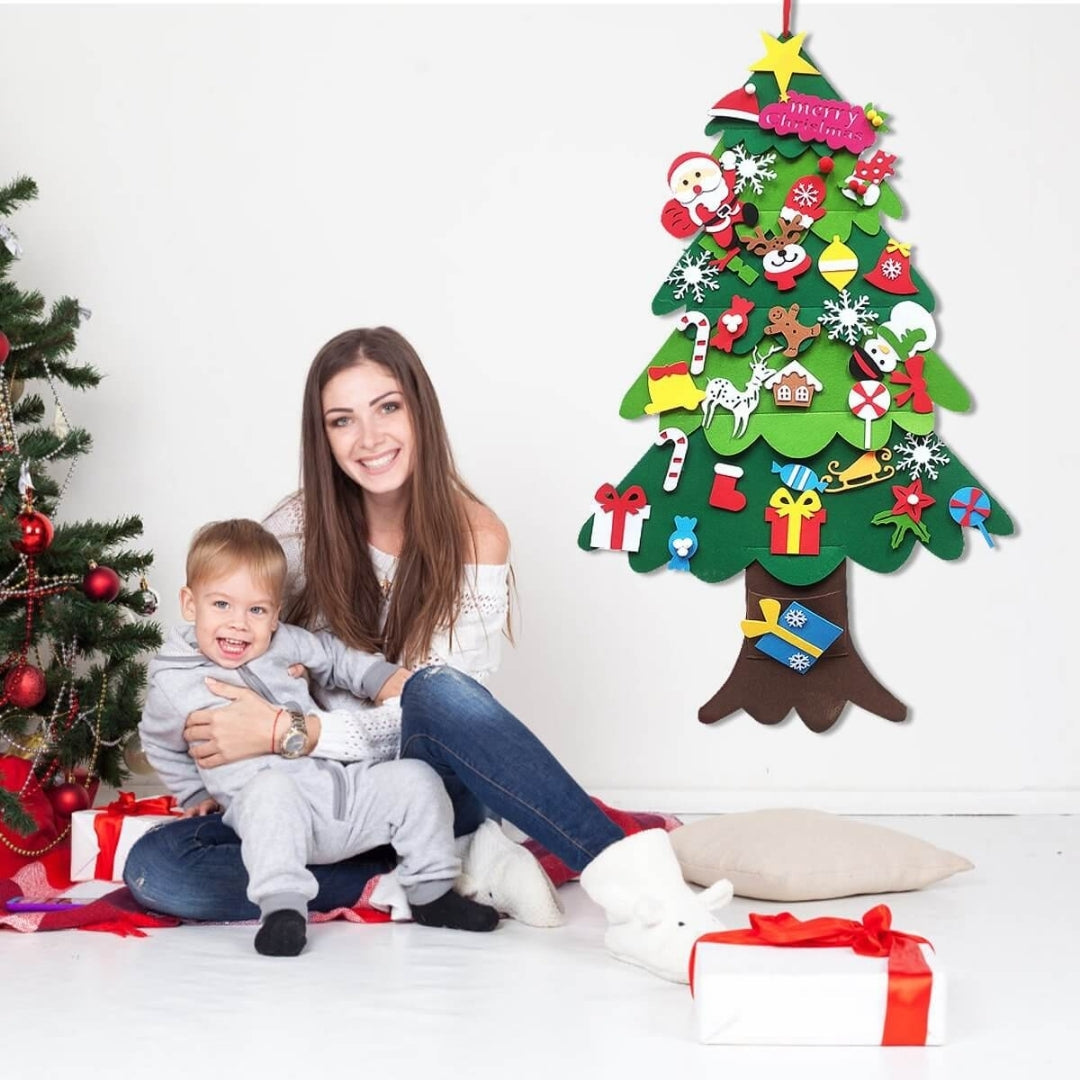 Vilten Kerstboom Wandspel Kind 100cm met Versiering Ornamenten LED Lichtjes Ontwikkelingsspel Peuters Kinderen | Sulvida