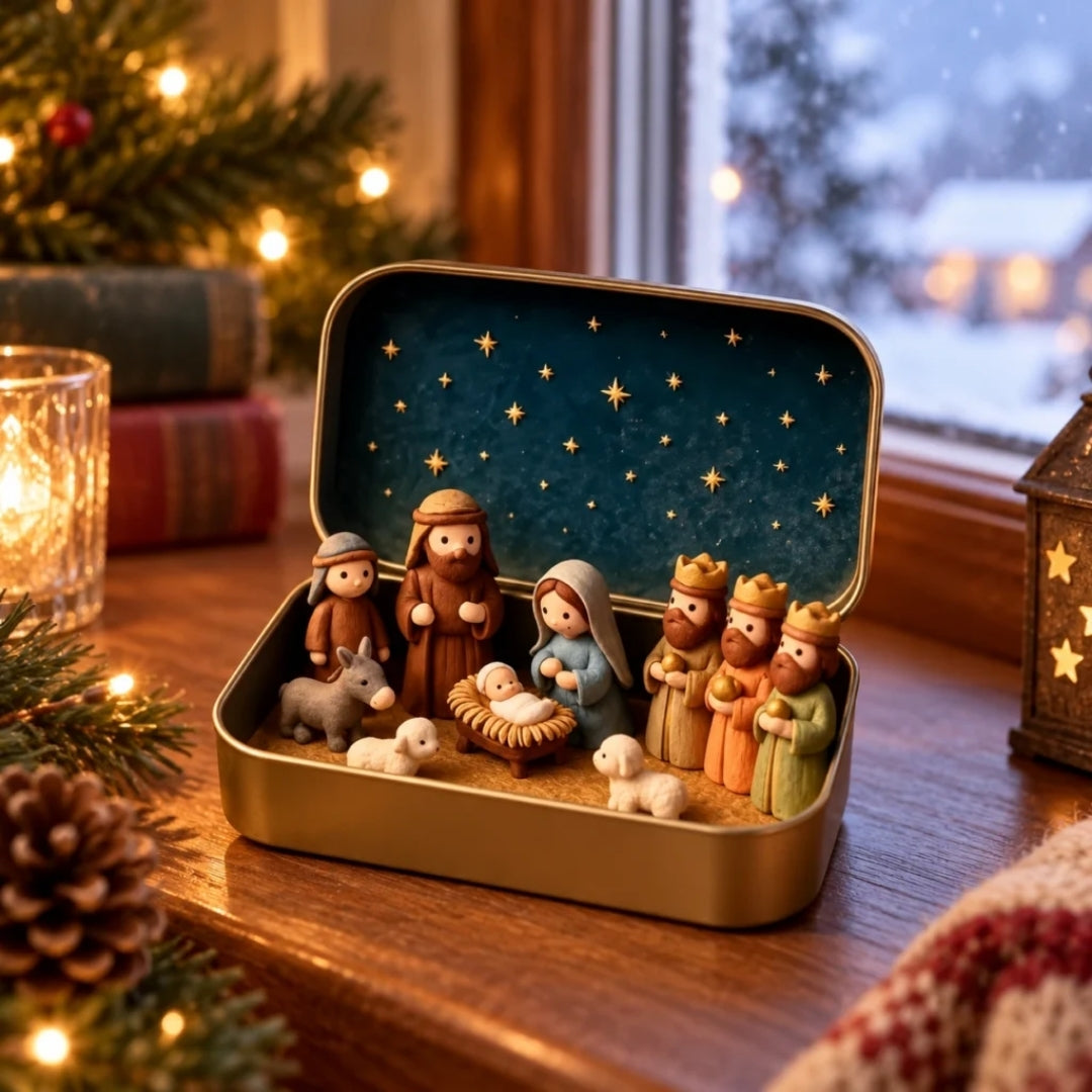Kerststal Decoratiedoos met Figuren – Geboortescène in Stalen Bewaardoosje met Sterrenhemel Kerstdecoratie | Sulvida