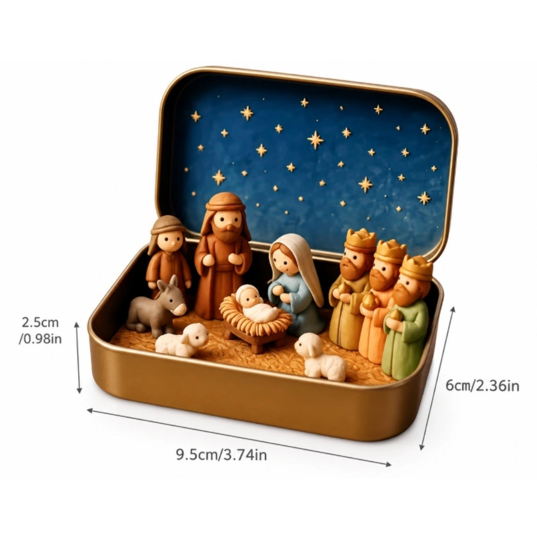 Kerststal Decoratiedoos met Figuren – Geboortescène in Stalen Bewaardoosje met Sterrenhemel Kerstdecoratie | Sulvida