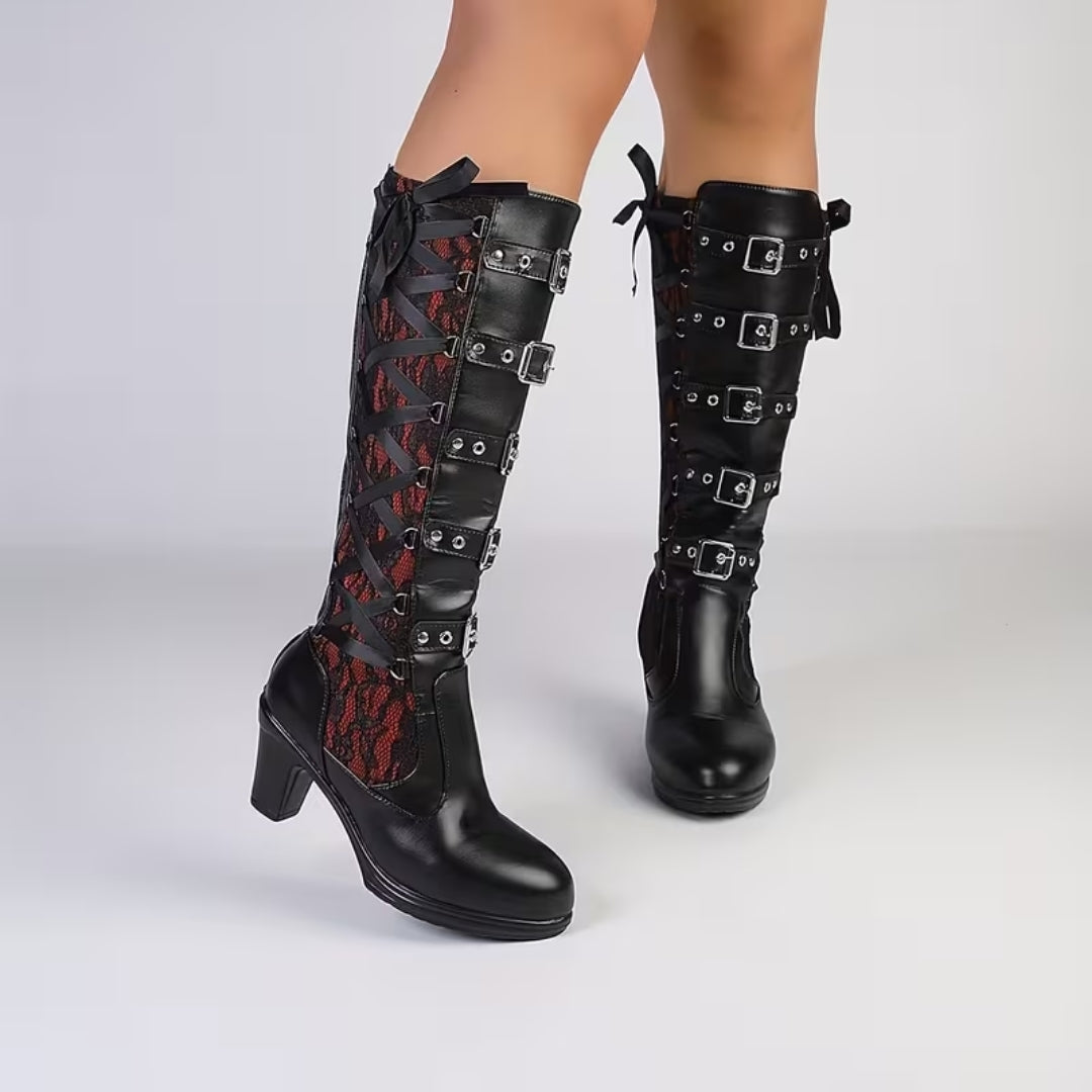 Dameslaarzen Hoog met Blokhak Gespdetails Kanten Inzetstukken Ritssluiting Gothic Punk Stijl Steampunk | Sulvida