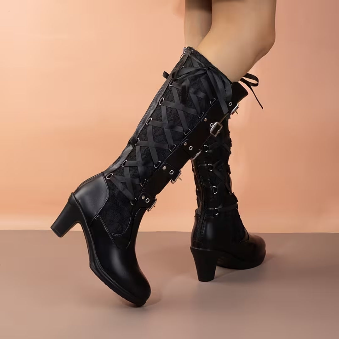 Dameslaarzen Hoog met Blokhak Gespdetails Kanten Inzetstukken Ritssluiting Gothic Punk Stijl Steampunk | Sulvida