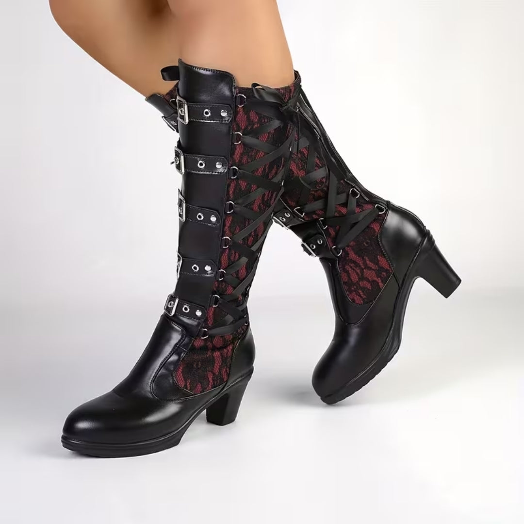 Dameslaarzen Hoog met Blokhak Gespdetails Kanten Inzetstukken Ritssluiting Gothic Punk Stijl Steampunk | Sulvida