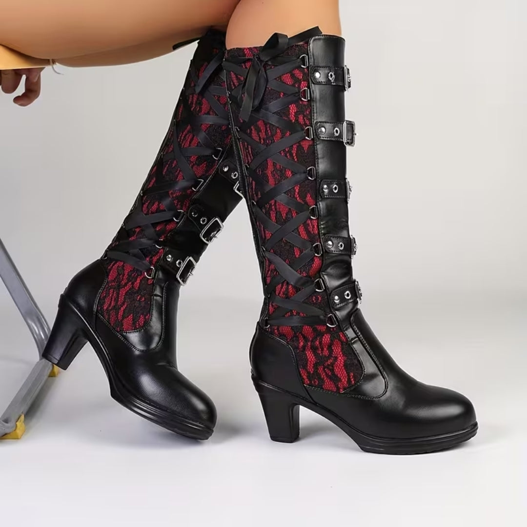 Dameslaarzen Hoog met Blokhak Gespdetails Kanten Inzetstukken Ritssluiting Gothic Punk Stijl Steampunk | Sulvida