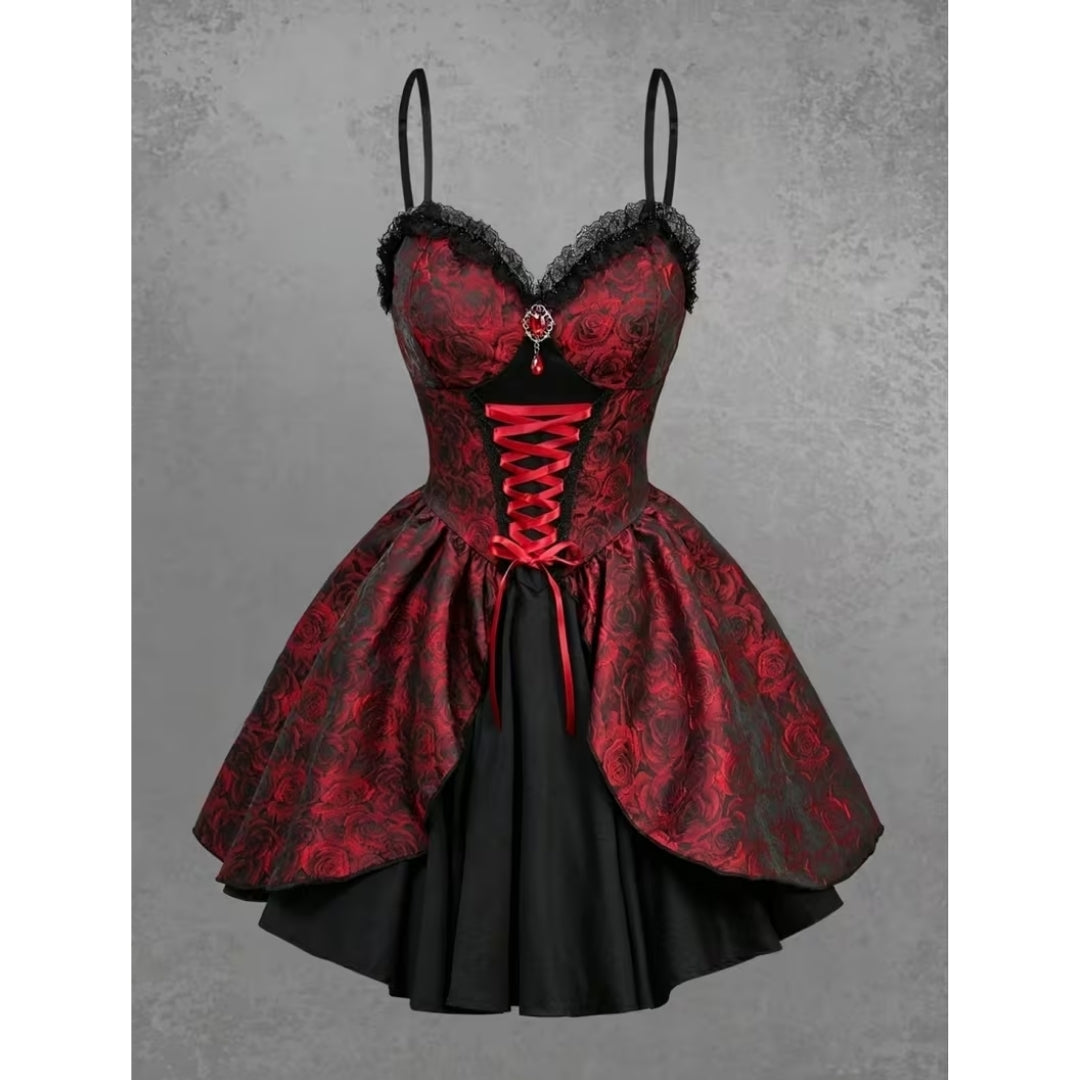 Gotische Jurk met Rozenprint Rode Kanten Vampier Corsetjurk Vetersluiting Halloween Themafeest Kostuum | Sulvida