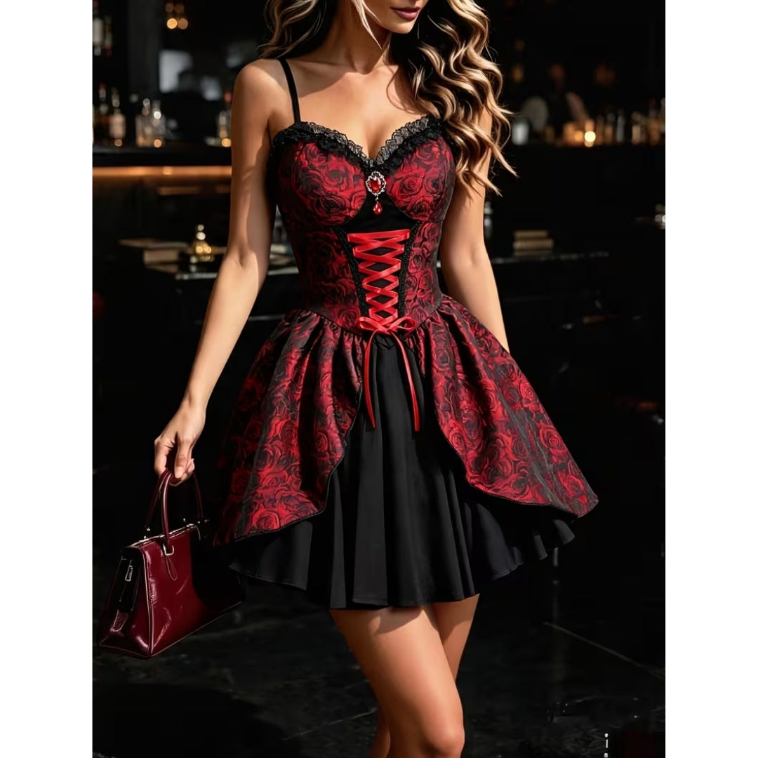 Gotische Jurk met Rozenprint Rode Kanten Vampier Corsetjurk Vetersluiting Halloween Themafeest Kostuum | Sulvida