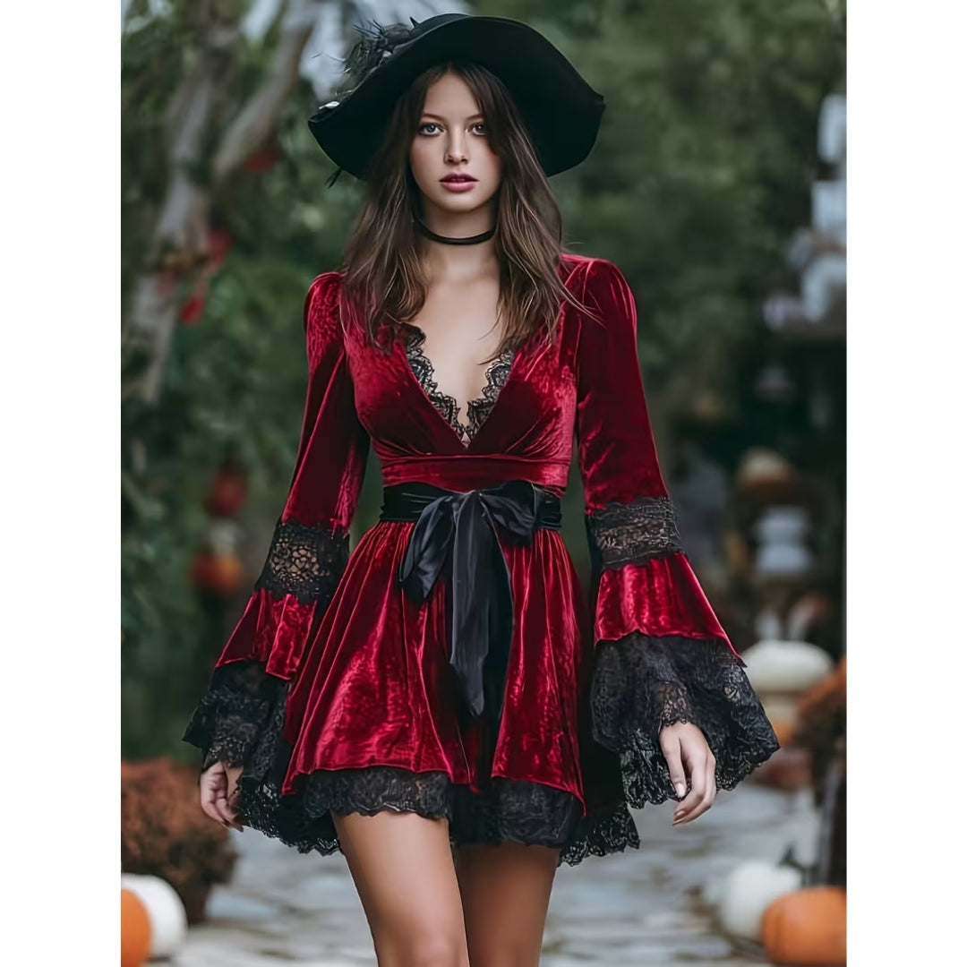 Fluwelen Feestjurk Rood met Kanten Halslijn en Strikdetail Mini-Jurk Gothic Vintage Stijl voor Dames | Sulvida