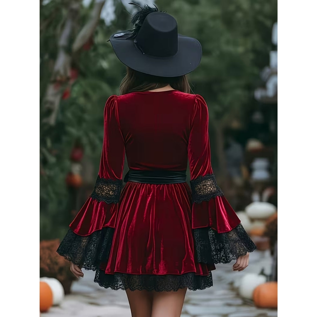 Fluwelen Feestjurk Rood met Kanten Halslijn en Strikdetail Mini-Jurk Gothic Vintage Stijl voor Dames | Sulvida