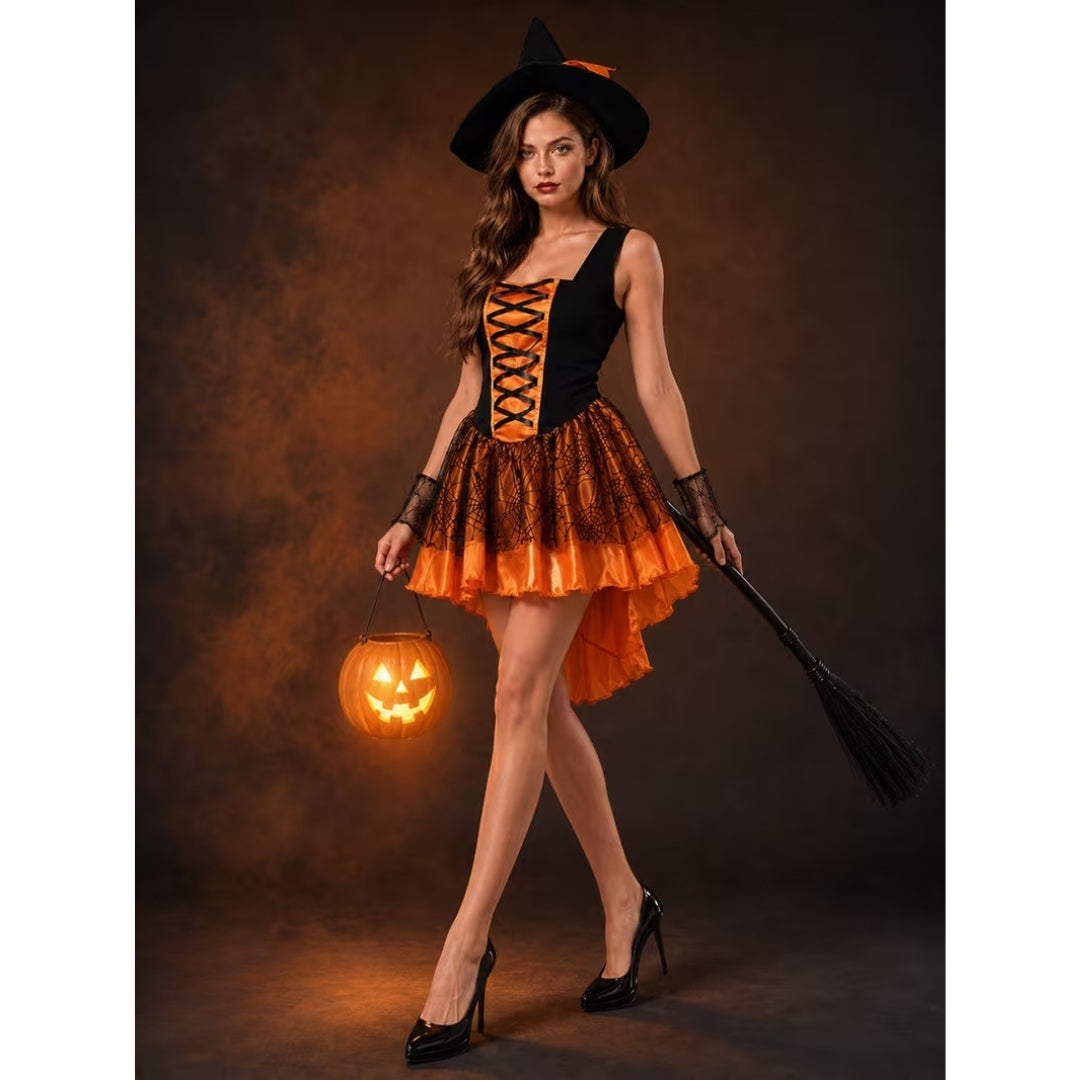 Feestelijk Heksenkostuum met Kanten Rok en Spookachtige Accessoires voor Dames Halloween Verkleedkleding | Sulvida