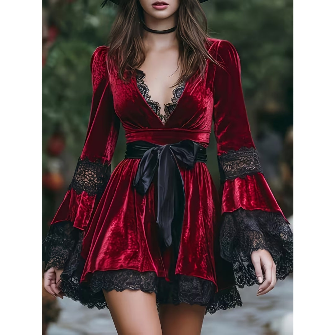 Fluwelen Feestjurk Rood met Kanten Halslijn en Strikdetail Mini-Jurk Gothic Vintage Stijl voor Dames | Sulvida