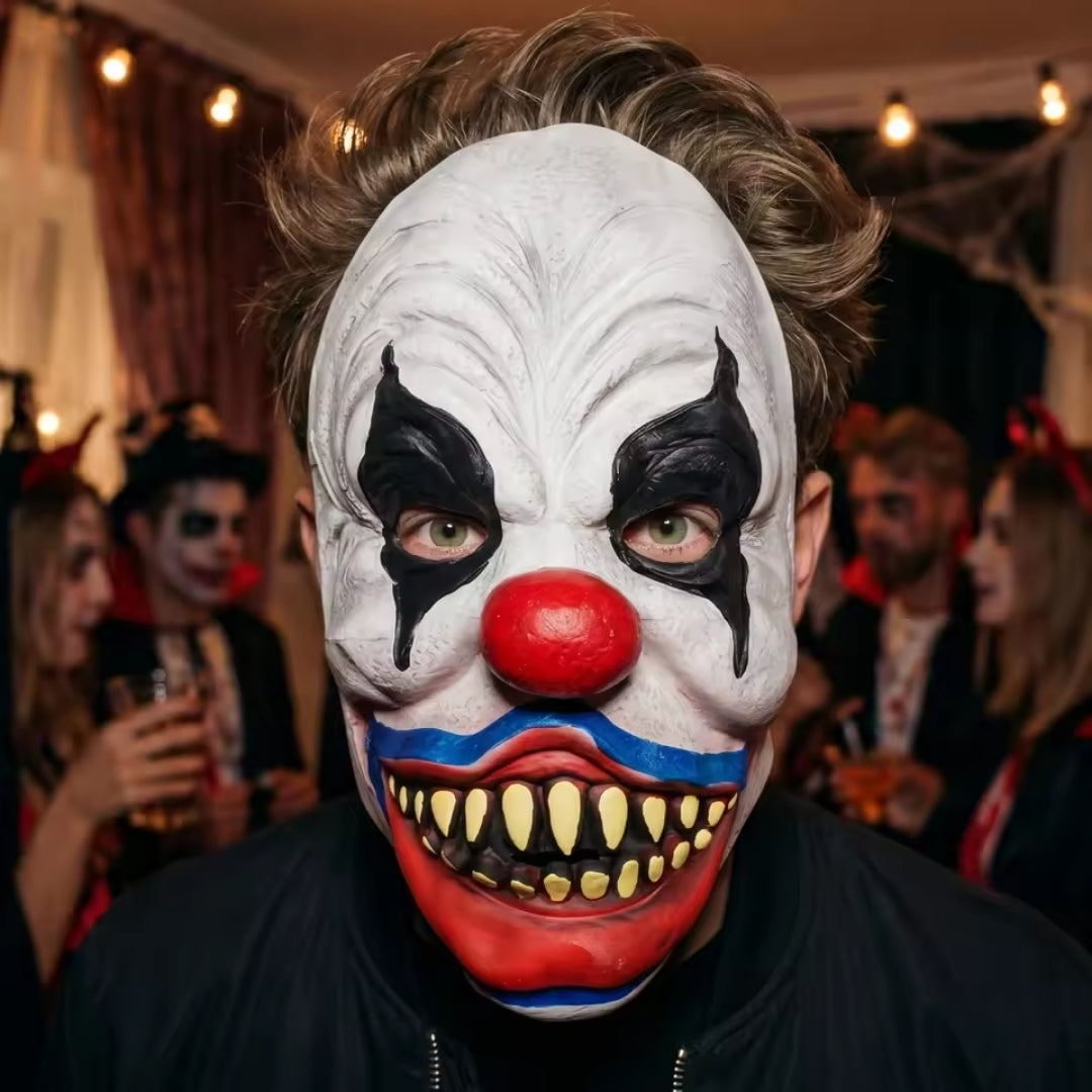 Horrorclown gezichtsmasker latex met tanden rode neus volwassenen Halloween themafeesten grimeren carnaval | Sulvida