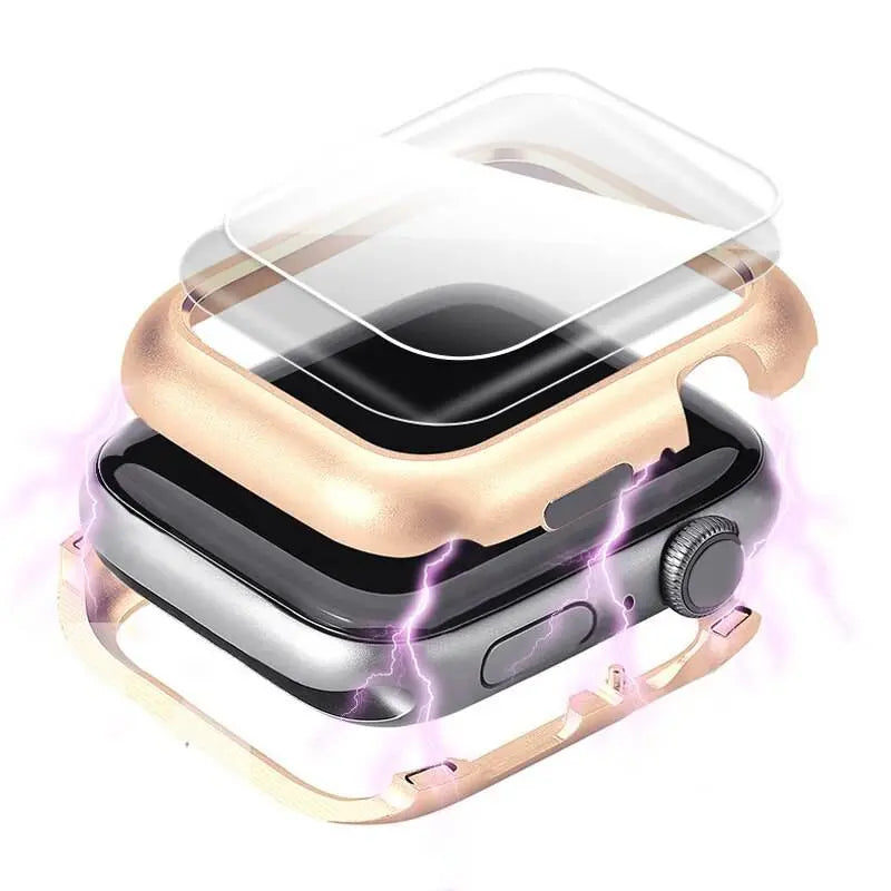 Screenprotector voor Apple Watch 44mm 40mm 38mm – Gehard Glas met RVS Hoesje Volledige Display Bescherming | Sulvida