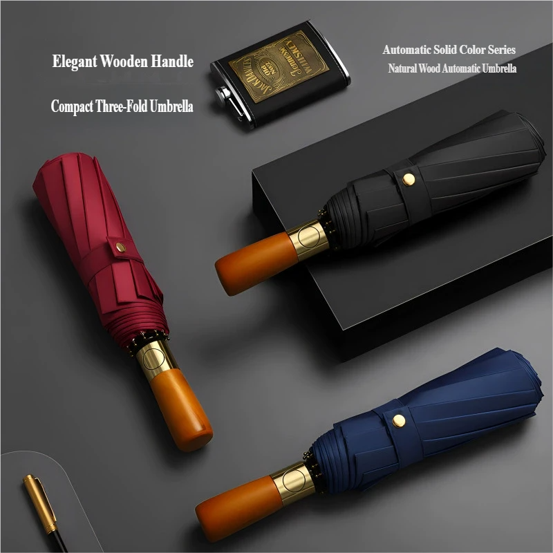 Parapluie pliable automatique avec poignée en bois, résistant au vent et à l’eau, compact, parapluie de pluie pliant | Sulvida