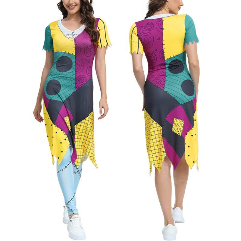 Halloween Kostuum Set Dames Patchwork Jurk met Legging voor Feest Cosplay Carnaval Verkleedkleding Halloween | Sulvida