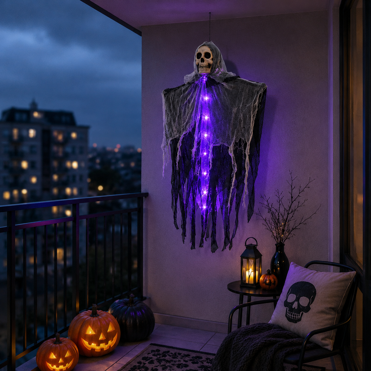 Verlichte Hangdecoratie Spookfiguur 61x80cm Halloween Schedel Gaas Tuindecoratie Horror Feest Griezel | Sulvida