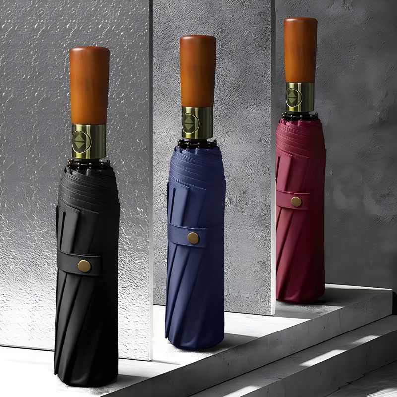 Parapluie pliable automatique avec poignée en bois, résistant au vent et à l’eau, compact, parapluie de pluie pliant | Sulvida