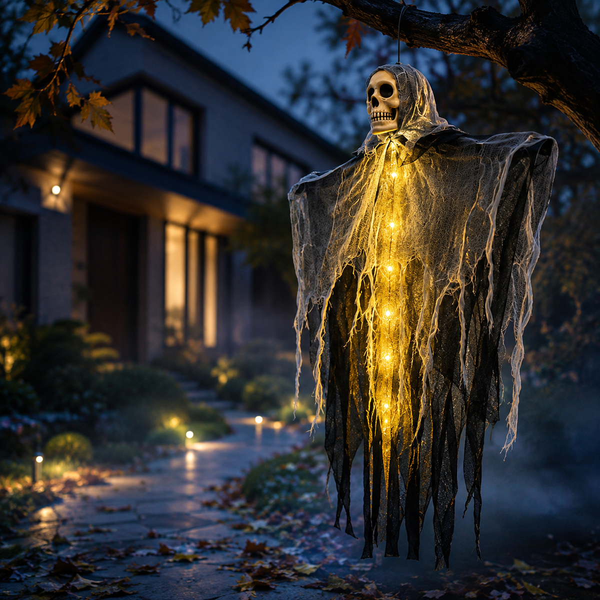 Verlichte Hangdecoratie Spookfiguur 61x80cm Halloween Schedel Gaas Tuindecoratie Horror Feest Griezel | Sulvida