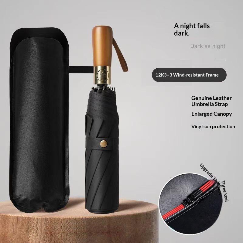 Parapluie pliable automatique avec poignée en bois, résistant au vent et à l’eau, compact, parapluie de pluie pliant | Sulvida