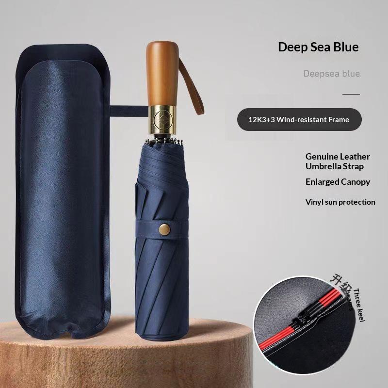 Parapluie pliable automatique avec poignée en bois, résistant au vent et à l’eau, compact, parapluie de pluie pliant | Sulvida