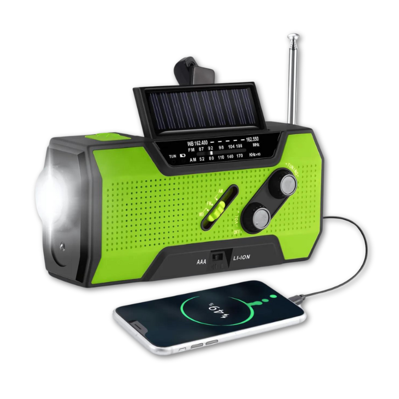 Nood-Radio All-in-One met Zaklamp en Powerbank 4000mAh – AM/FM-Radio, SOS-Alarm, Oplaadbaar via USB, Zonne-Energie en Handslinger – Waterdicht Noodradio voor Camping, Outdoor en Rampenvoorbereiding | Sulvida