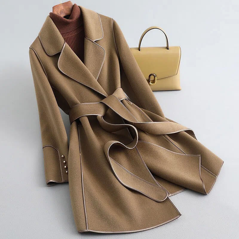 Long manteau trench en laine avec ceinture, manteau classique pour femme, manteau d’hiver chaud avec sac, manteau oversize élégant | Sulvida