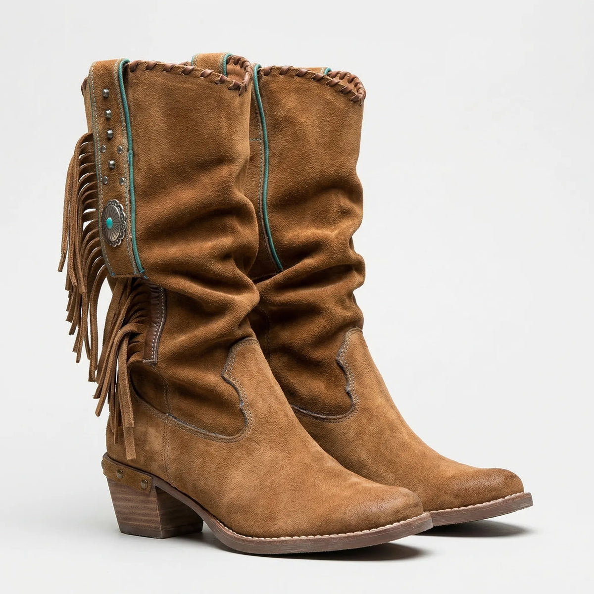 Dames Cowboylaarzen Middelhoog met Franjes Turkoois Detail Western Stijl Laarzen voor Vrouwen Stijlvol | Sulvida