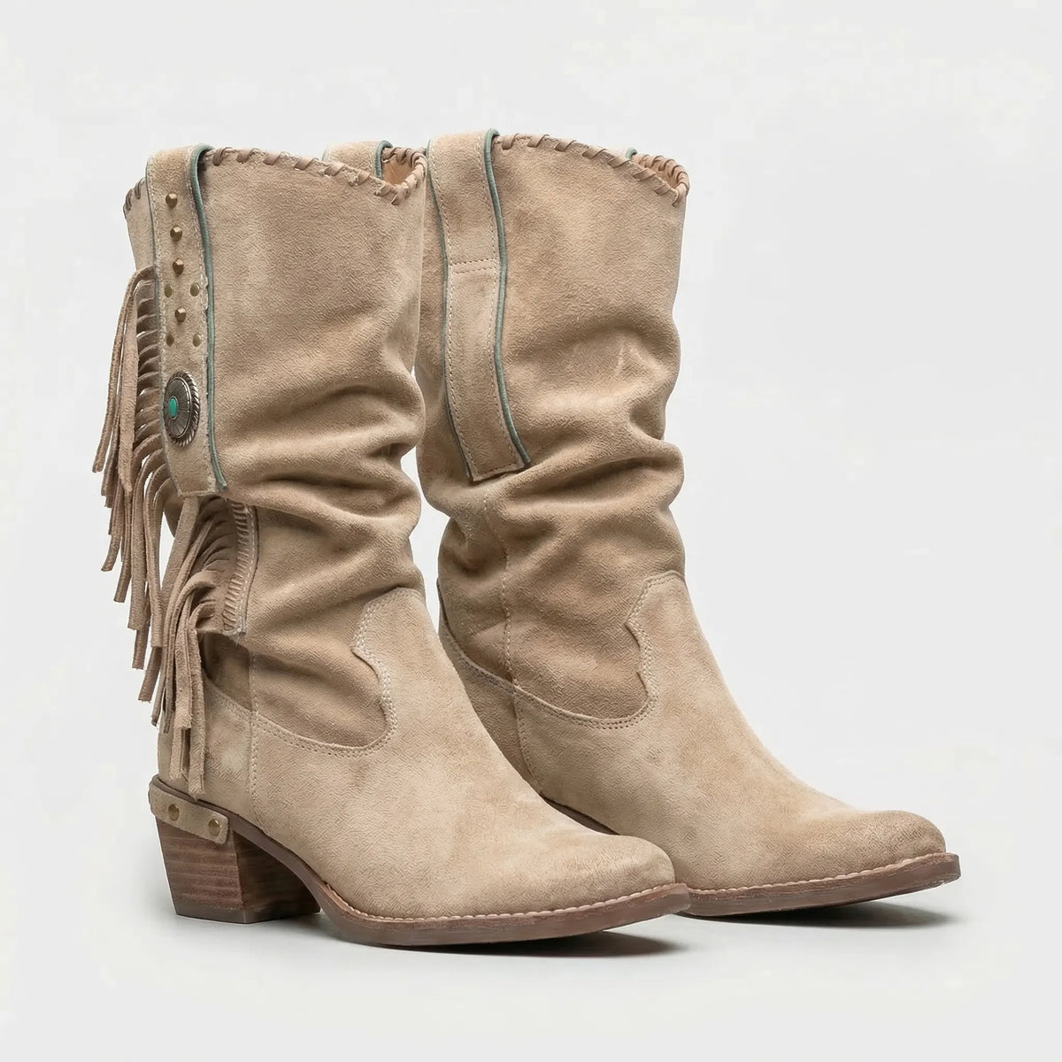 Dames Cowboylaarzen Middelhoog met Franjes Turkoois Detail Western Stijl Laarzen voor Vrouwen Stijlvol | Sulvida