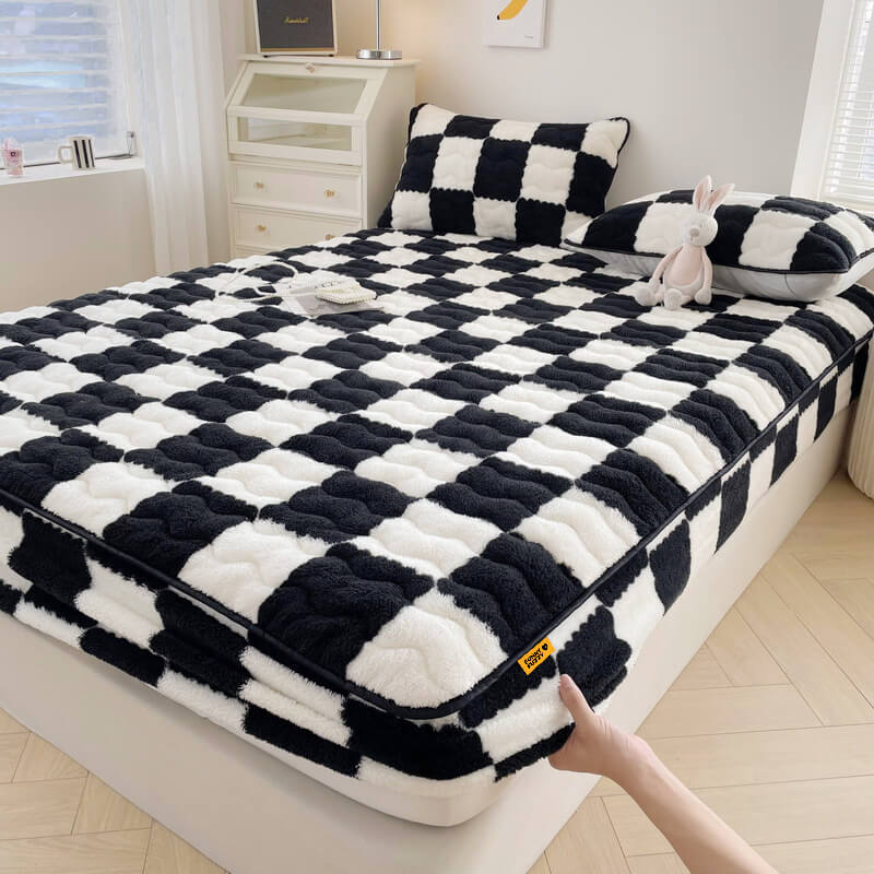 Fluwelen Hoeslaken Geruite Print Zacht Matrashoeslaken Duurzaam Huisdieren Elastiek 90-200cm Bedhoes | Sulvida