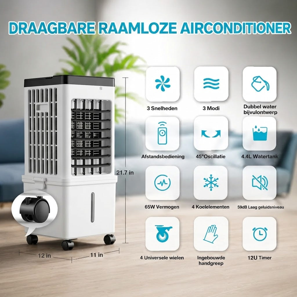 Mobiele Aircooler met 15L Watertank en Koelelementen – Verplaatsbare Luchtkoeler met 3 Snelheden en Watercooling voor Slaapkamer Woonkamer Kantoor Zomerse Verkoeling Zwenkfunctie | Sulvida