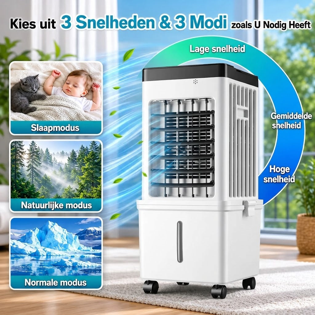 Mobiele Aircooler met 15L Watertank en Koelelementen – Verplaatsbare Luchtkoeler met 3 Snelheden en Watercooling voor Slaapkamer Woonkamer Kantoor Zomerse Verkoeling Zwenkfunctie | Sulvida
