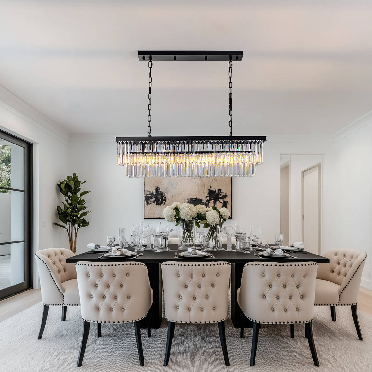Rechthoekige kristallen kroonluchter zwart metaal E12 verstelbaar hangend 80-120 cm luxe eetkamer keuken | Sulvida