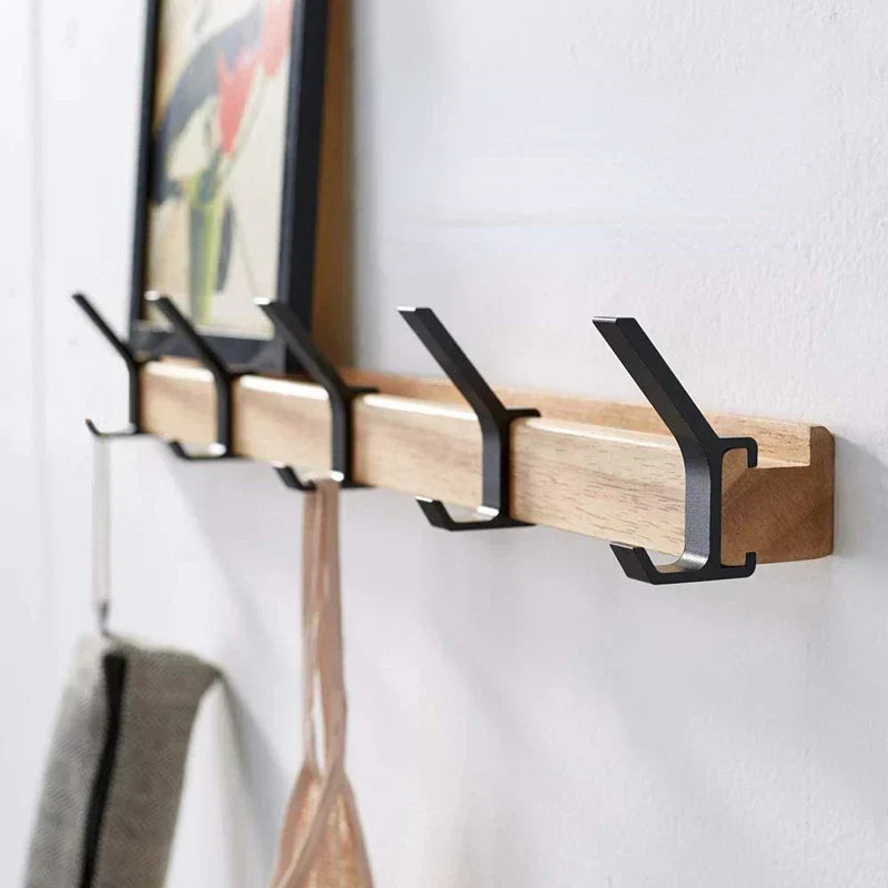 Wandkapstok met Vijf Verstelbare Dubbele Haken Scandinavisch Design Rubberwood Aluminium voor Entree Hal Garderobe | Sulvida
