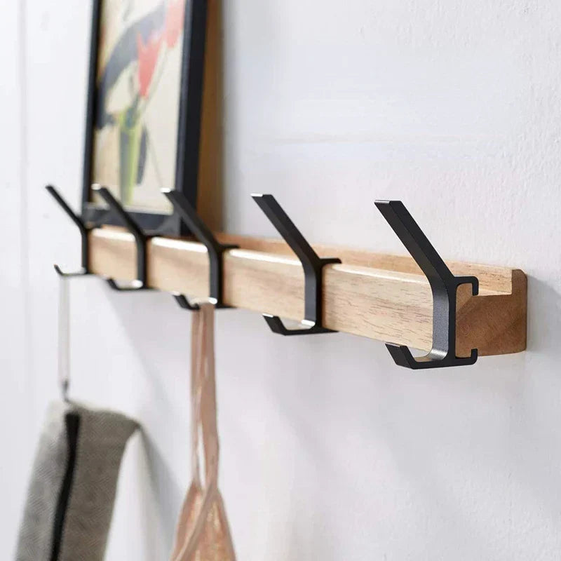 Wandkapstok Verstelbare Haken Rubberwood Aluminium Zwart Natuurhout Gang Slaapkamer Badkamer Entree Hal | Sulvida