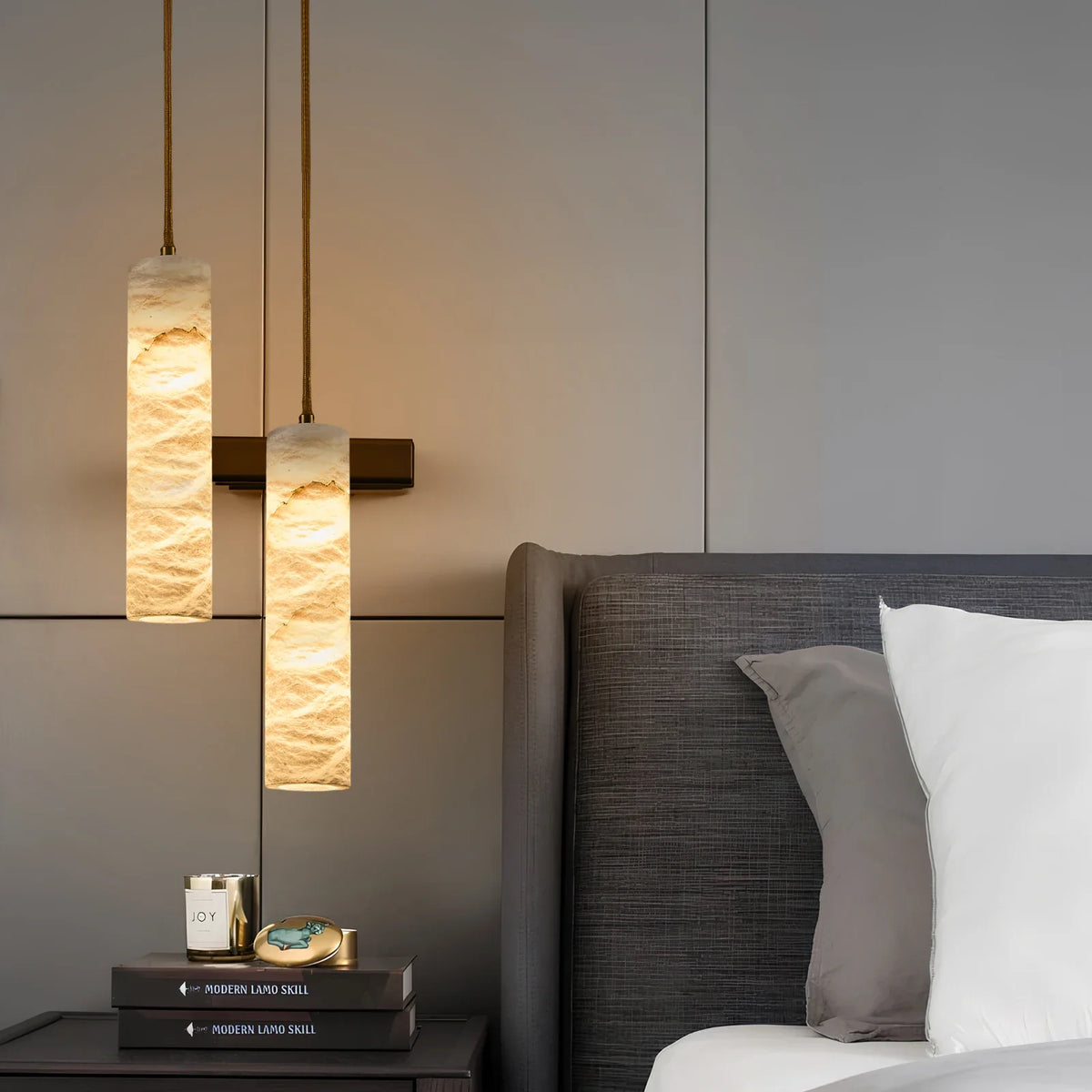 Hanglamp Albast Steen met Satijn Messing Cilinder Natuursteen Lichtdiffusie Warm LED Eetkamer Woonkamer | Sulvida
